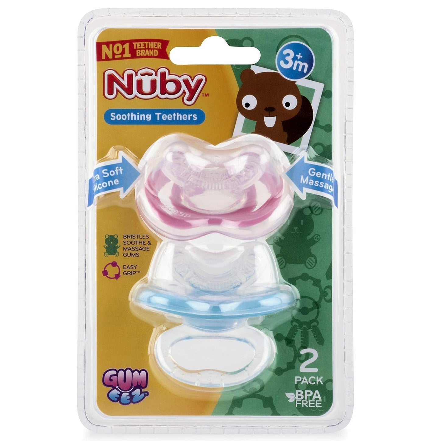 Nuby Gum-eez Pacifier Teethers 2-Pack, Silicone, One Size, Colors May Vary, Model 613