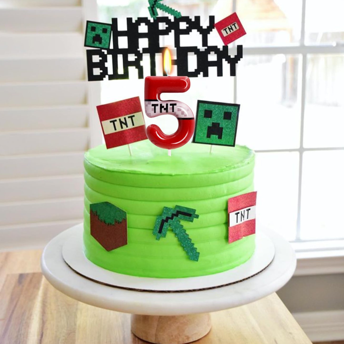 TNT Themed Birthday Candles for Boys Girls, Craft Pixels Cake Topper, Kids Themed Birthday Party Supplies (Number 5-Red)
