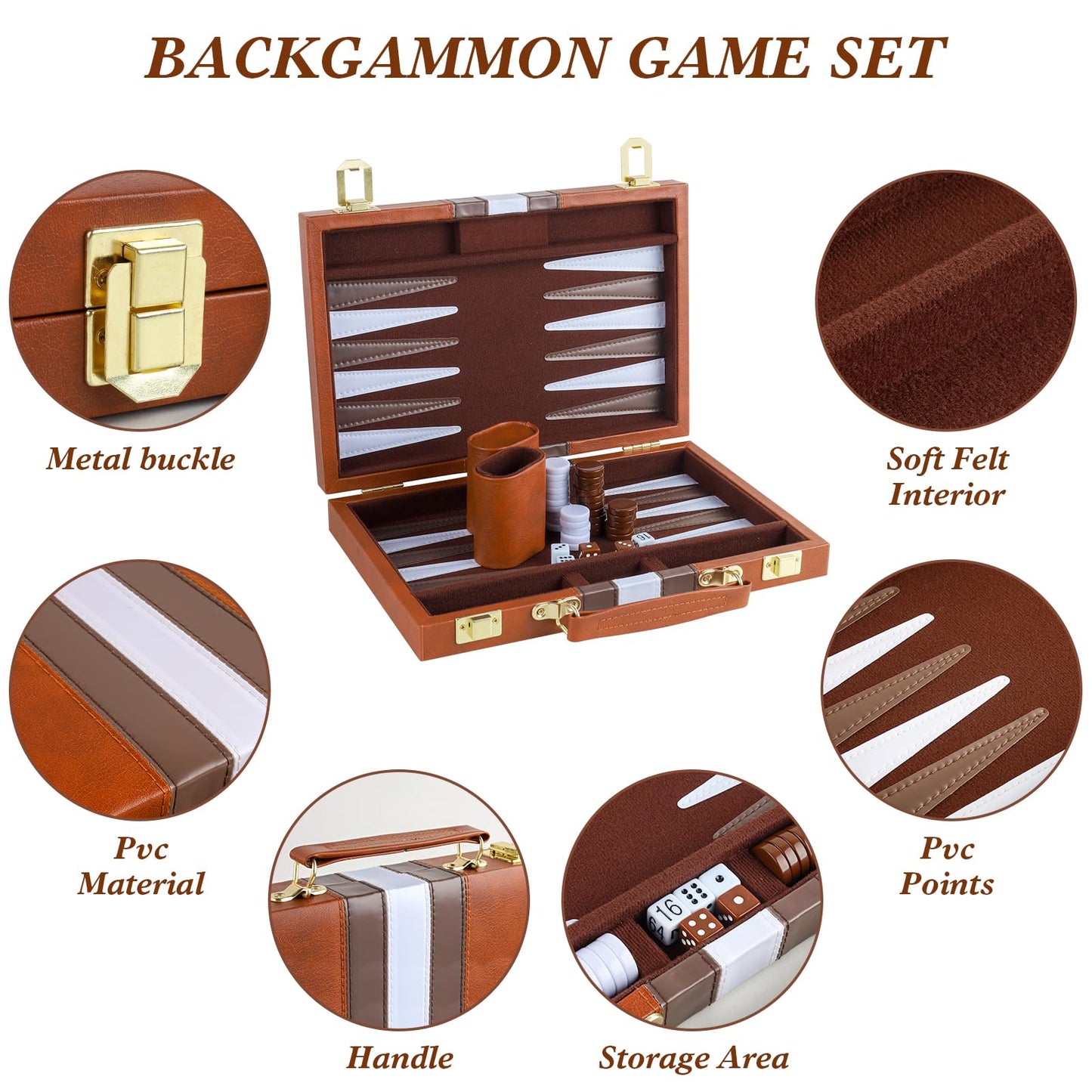 Reriver Backgammon Set 2 Players Classic Backgammon Sets For Adults Board Game With Pu Leather Case Portable And Travel Backgammon Set (Brown, 11Inch)