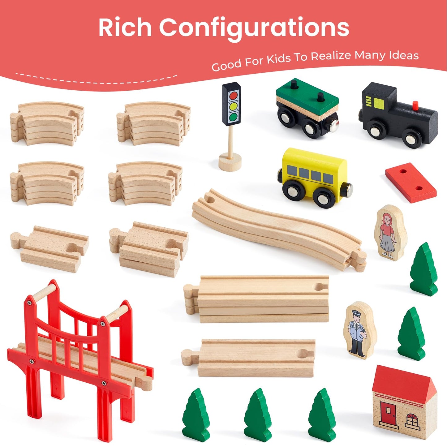 Tiny Land Wooden Train Set For Toddler - 39 Pcs- With Wooden Tracks Fits Thomas, Fits Brio, Fits Chuggington, Fits Melissa And D