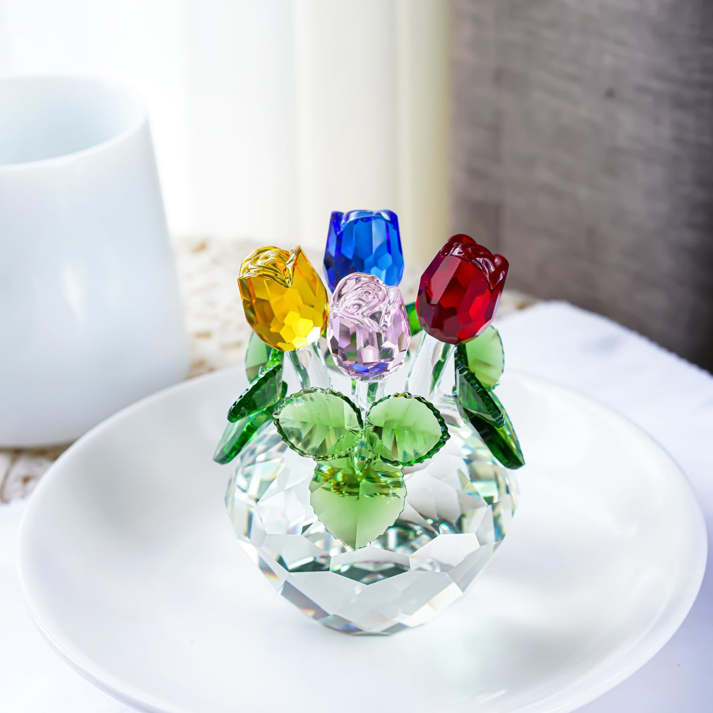 H&D HYALINE & DORA Crystal Rose Figurine - Romantic Collectible Glass Flower Ornament in Color Rose Flower with Gift Box