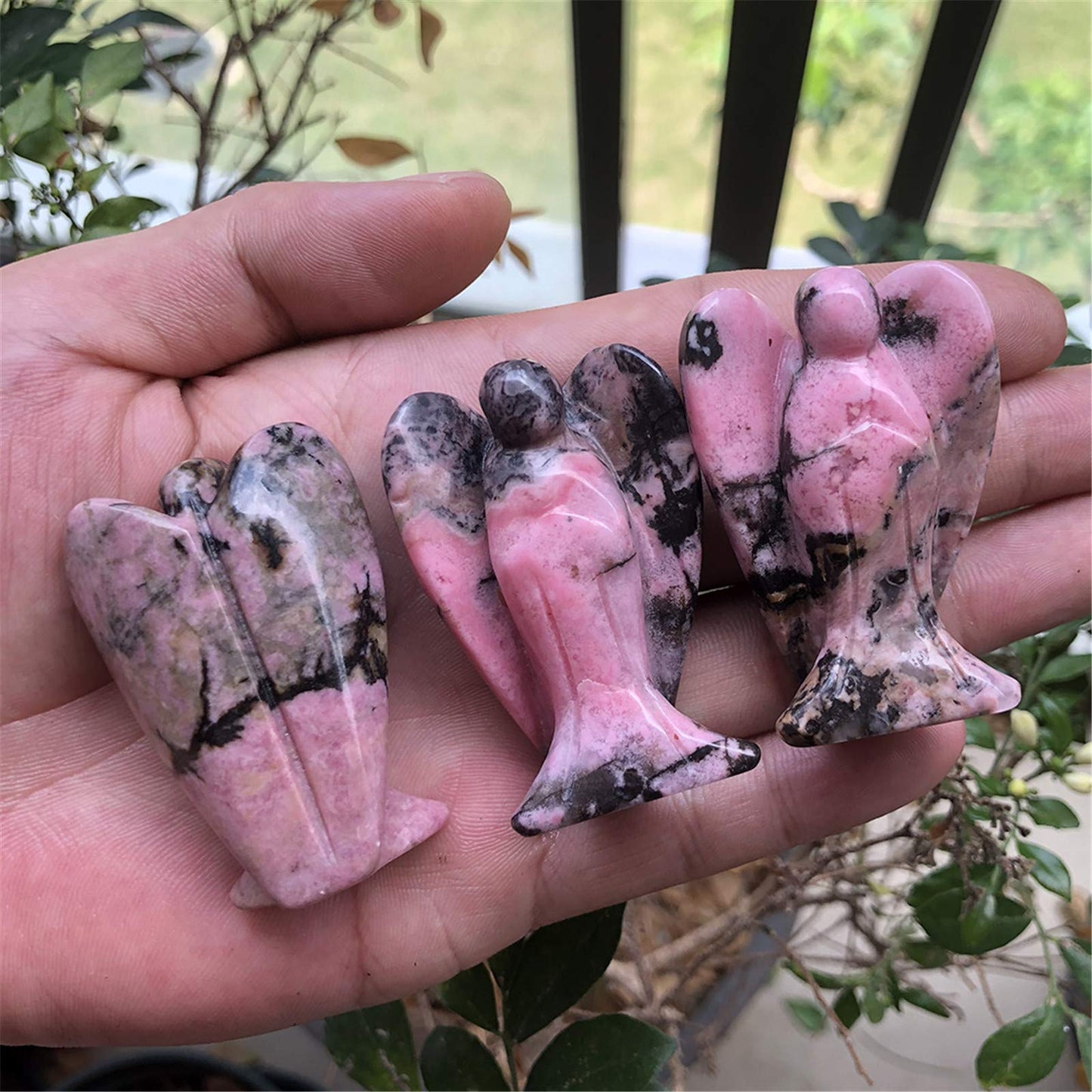 Fekuar Natural Rhodonite Guardian Angel Statue, Hand-Carved Healing Crystal Pocket Figurines Decoration 2 Inches