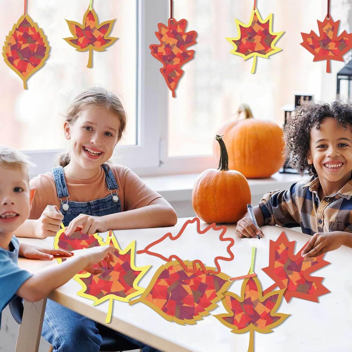 Zliisang 24PCS Make You Own Fall Crafts Kit Bulk Maple Leaf Paper Suncatchers DIY Kit for Autumn Thanksgiving Classroom Activiti