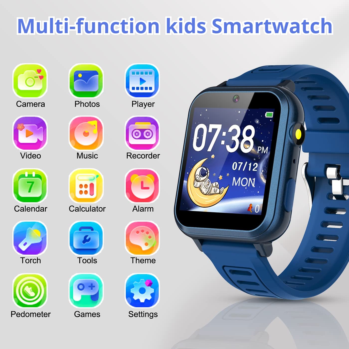 Smart Watch For Kids With 24 Puzzle Games Hd Touch Screen Camera Music Player Pedometer Alarm Clock Calculator Flashlight 12/24 Hr Kids Watches Gift For 4-12 Year Old Boys Toys For Kids