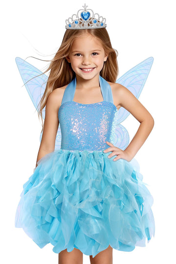 Soyoekbt Fairy Costume for Girls Princess Tutu Dress with Butterfly Wings for Girls Birthday Party Dress Up (Blue, 5-6 Years)