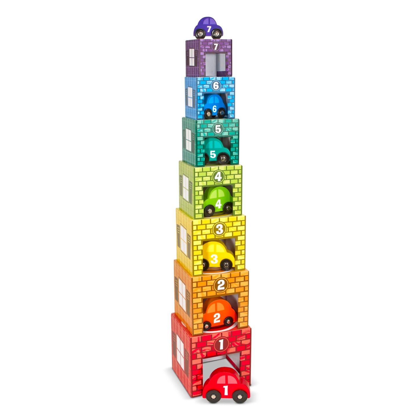 Melissa & Doug Nesting and Sorting Garages and Cars, 7 Stackable Wooden Cars, Multi-color, 15.5 x 6.5 x 5.75, Model 2435