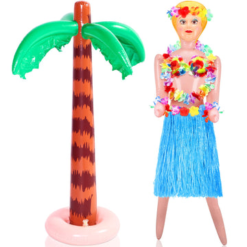 Liliful 2 Pcs Hawaiian Inflatable Blow Up Doll Set 59'' No Moving Part Judy Doll Summer Inflatable Palm Tree Pool Raft Hula Skir