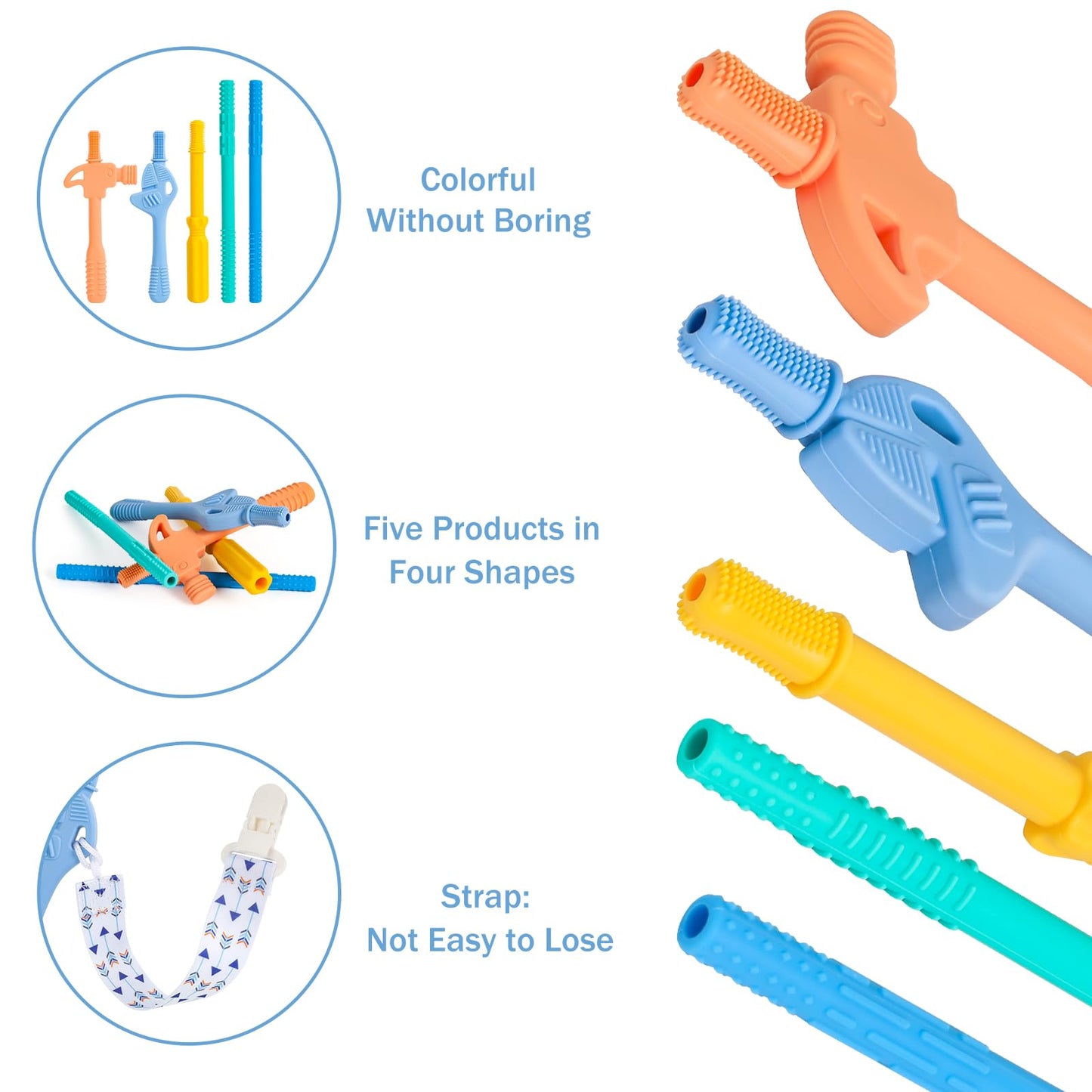 Hollow Teether Tube, Chew Straws For Toddlers 6-12 Months, Bpa Free Silicone Baby Molar Teether Chew Toys, 5 Pack Teething Toys