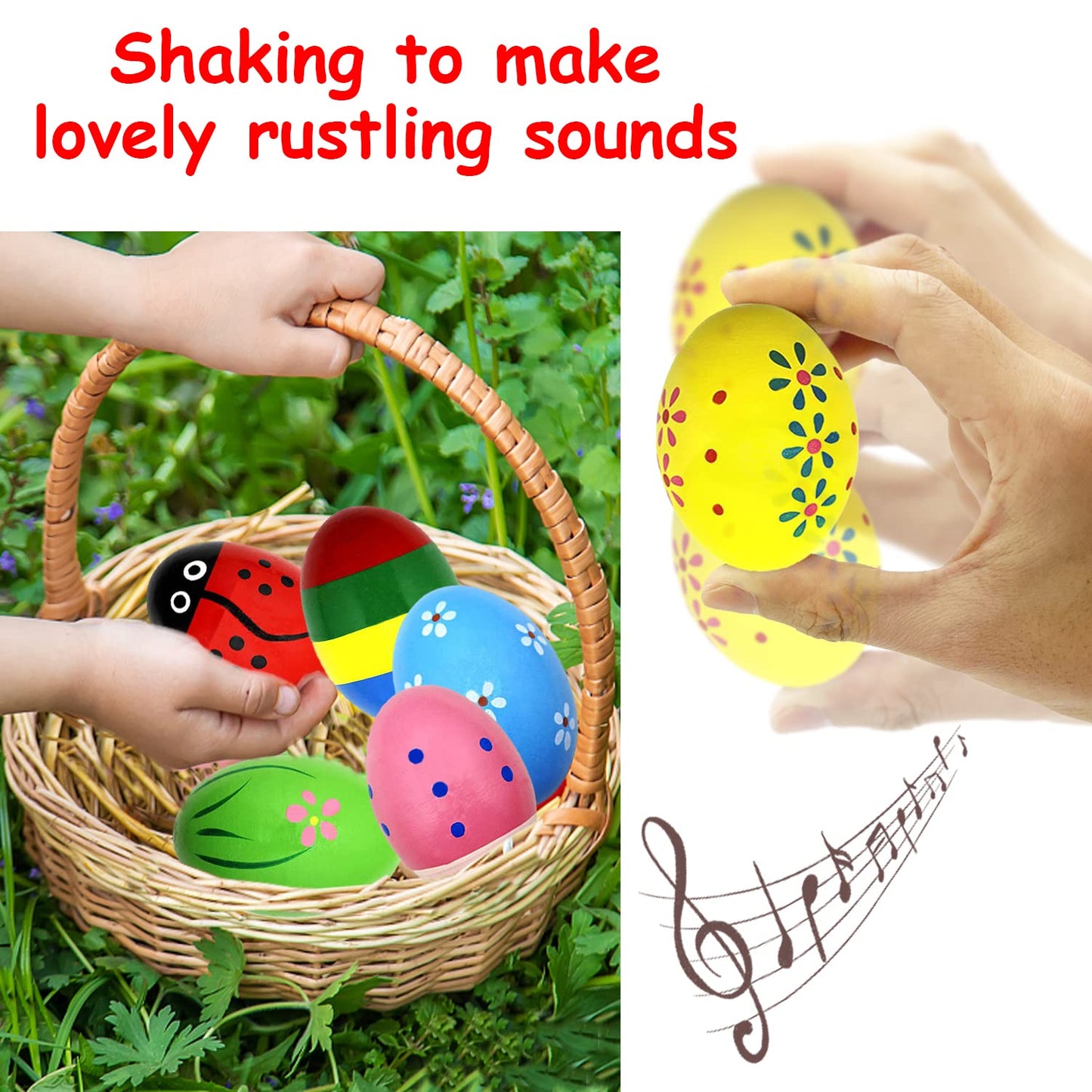 Wooden Easter Egg Shakers Baby Easter Maracas Easter Eggs For Baby Kids Musical Instruments Early Learning Toys, 6 Pcs