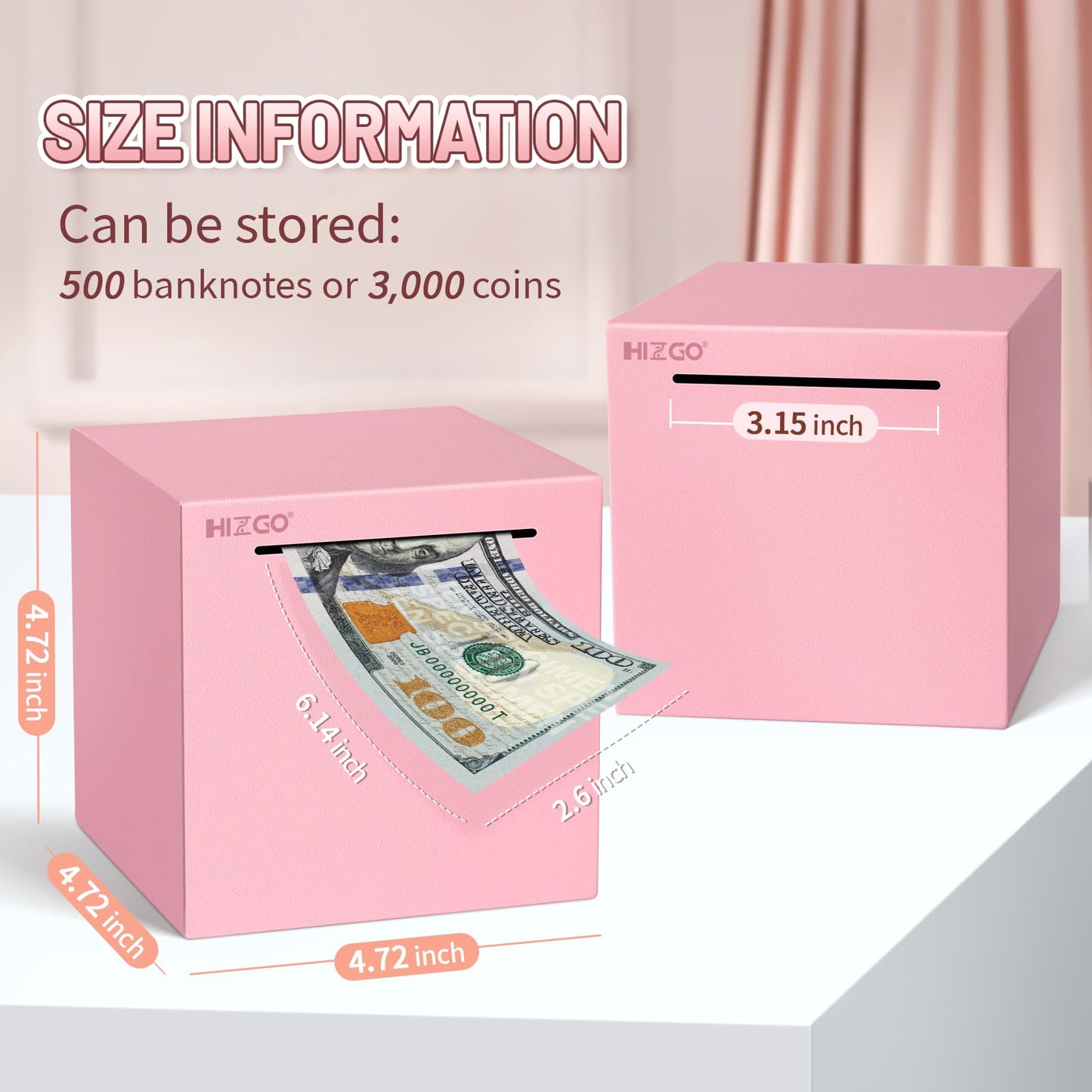 Hizgo Adults Pink Piggy Bank, Stainless Steel Piggy Bank For Adults/Kids Must Break To Open, Unopenable Money Saving Box(4.72-Inch, Pink)