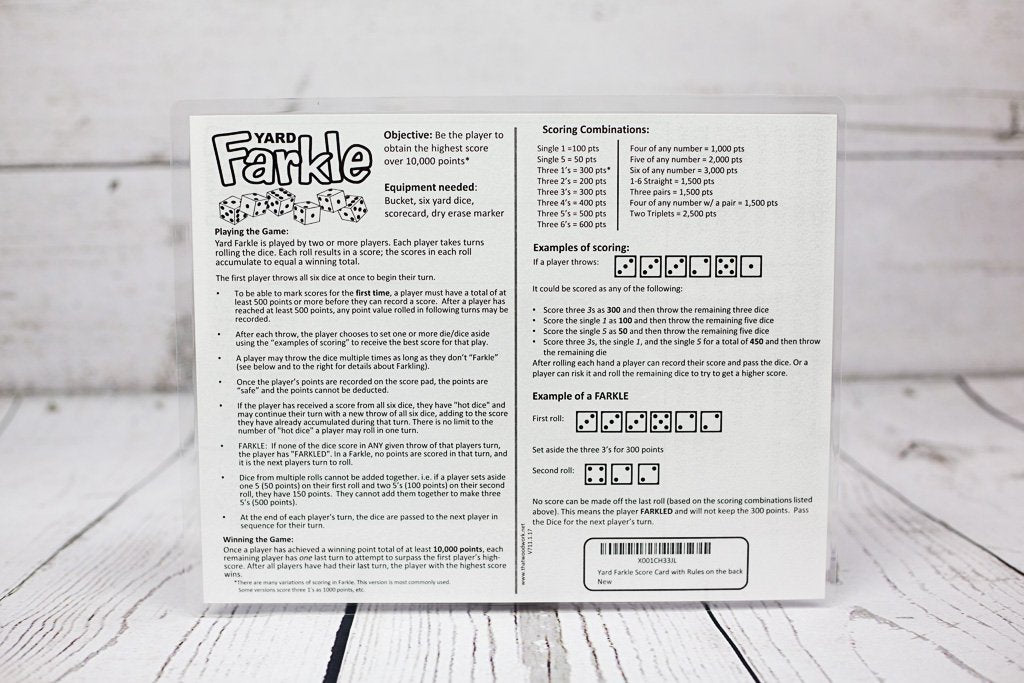 Yard Farkle Score Cards With Rules On The Back- Laminated Farkle Score Card, Reusable Score Card, Size- 8.5'' X 11'' (Five Farkl