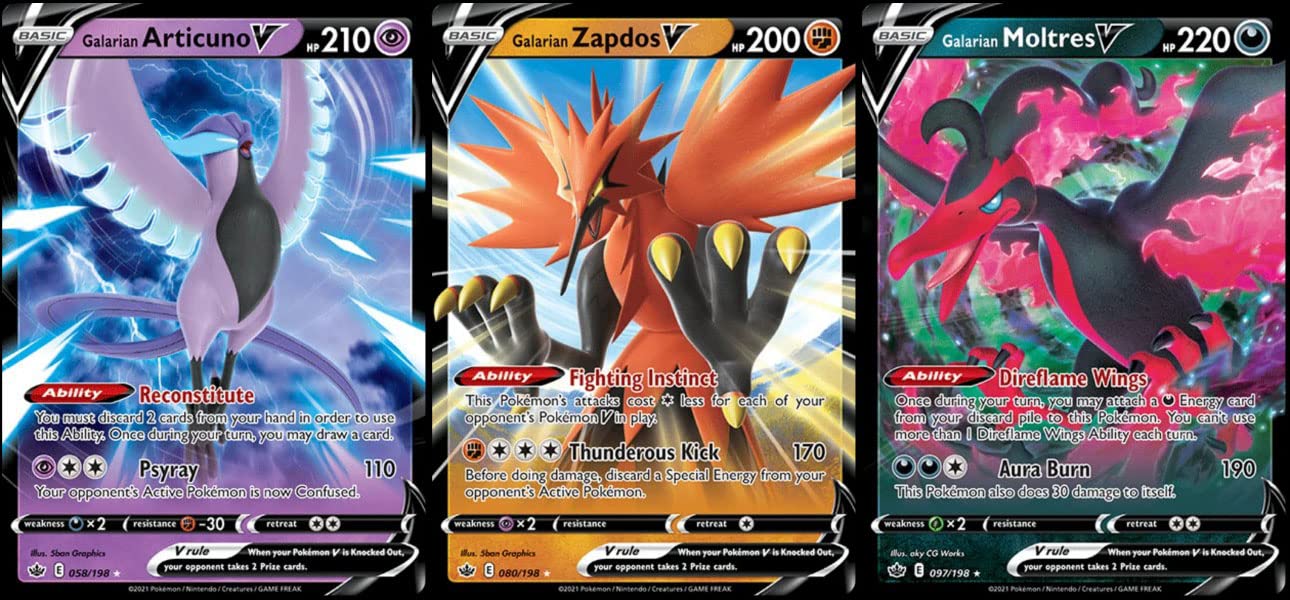 Pokemon Galarian Articuno V, Zapdos V & Moltres V - Ultra Rare 3 Card Lot - Chilling Reign Legendary Birds Set 058/198, 080/198