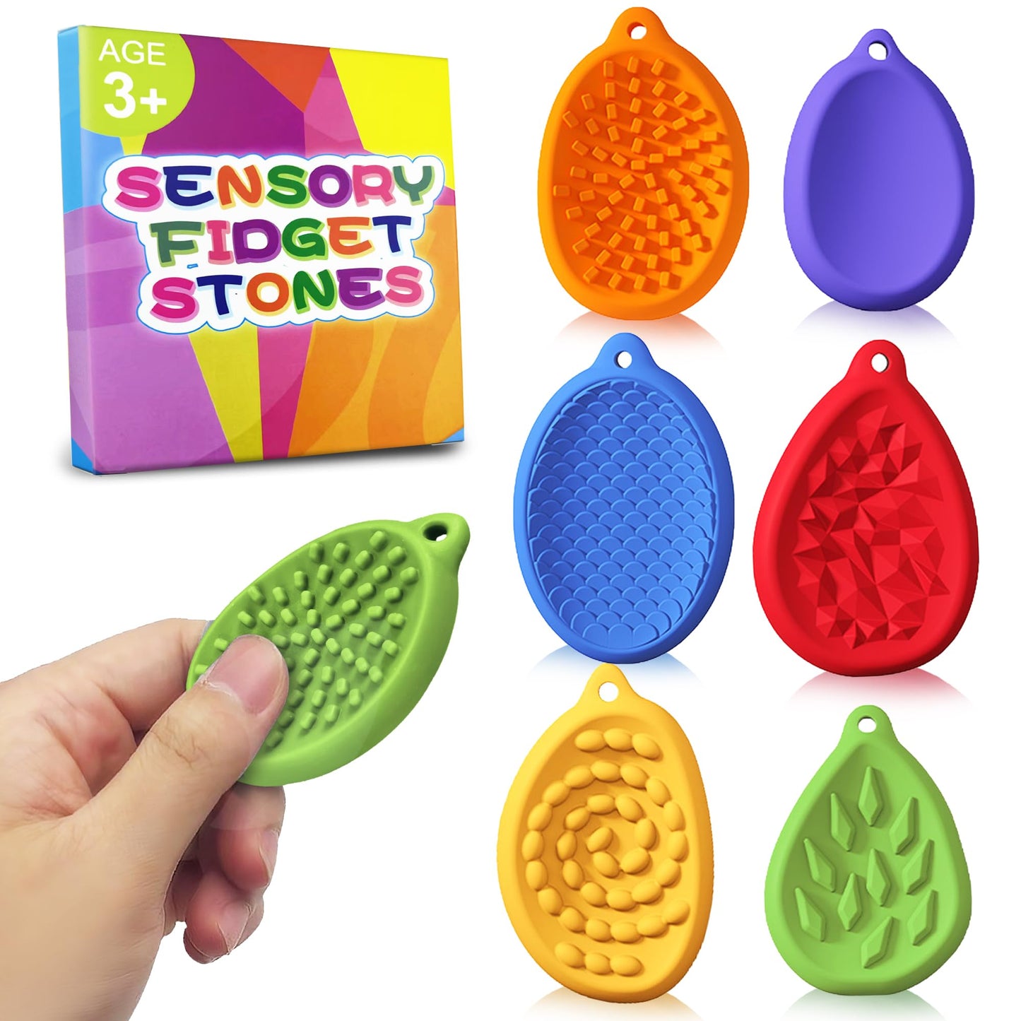 Fidget Toys Worry Stone For Kids 6 Pack Silicone Chewy Nacklace Sensory Stones Toy For Autism Adhd Kids Adults Anxiety Relief Qu