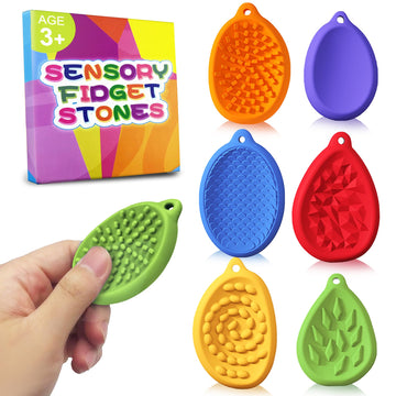 Fidget Toys Worry Stone For Kids 6 Pack Silicone Chewy Nacklace Sensory Stones Toy For Autism Adhd Kids Adults Anxiety Relief Qu