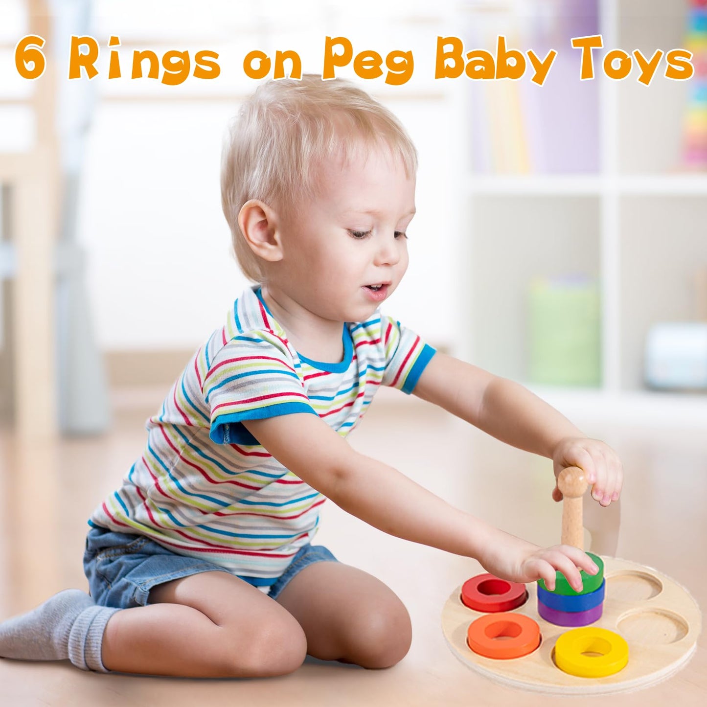 Adena Montessori 6 Rings On Peg Baby Toys For 1 Year Old Infant Toddlers