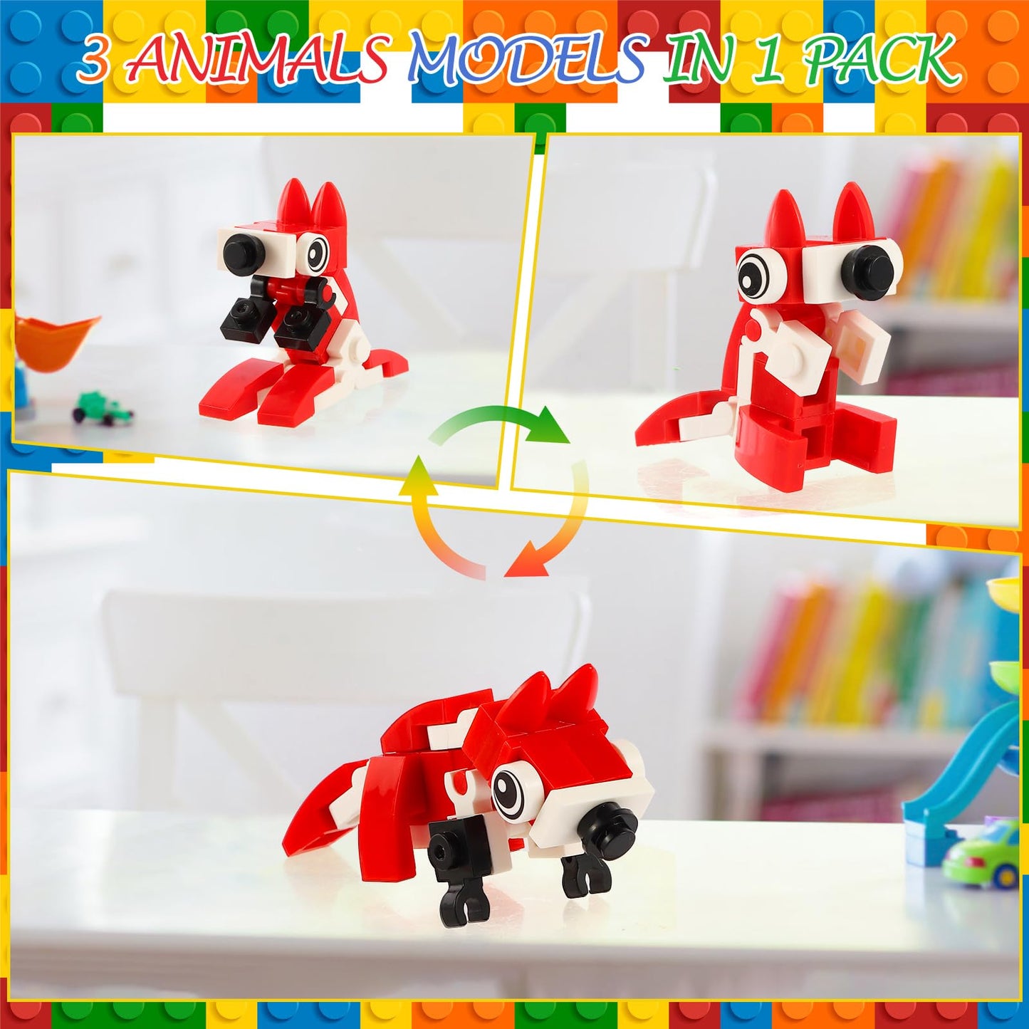 LiYiQ 134 Pcs Building Blocks Party Favors with Reusable Drinking Straws Animal Building Blocks Slap Bracelets Keychains Stamps