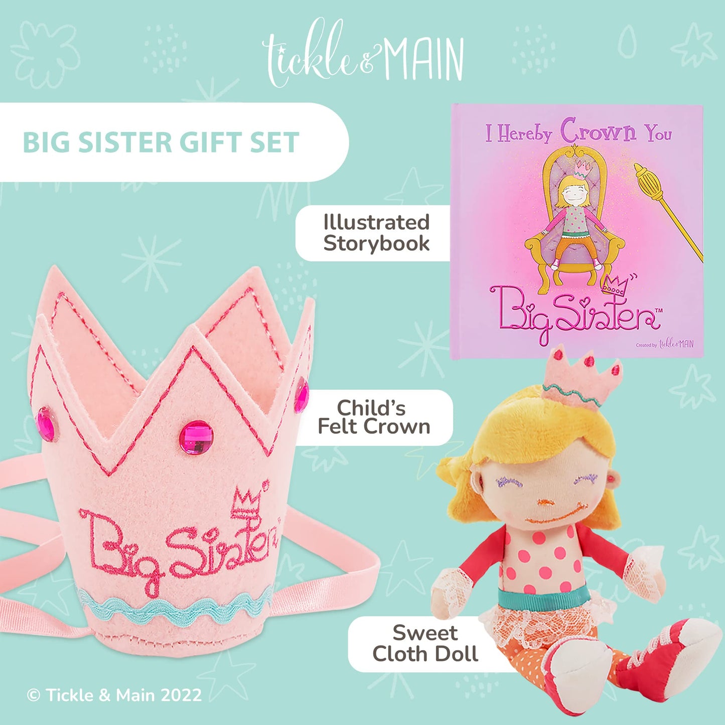 Tickle & Main Big Sister Gift Set - 3 Pcs Includes Book, Doll, Crown - Pink Educational & Engaging for Little Girls