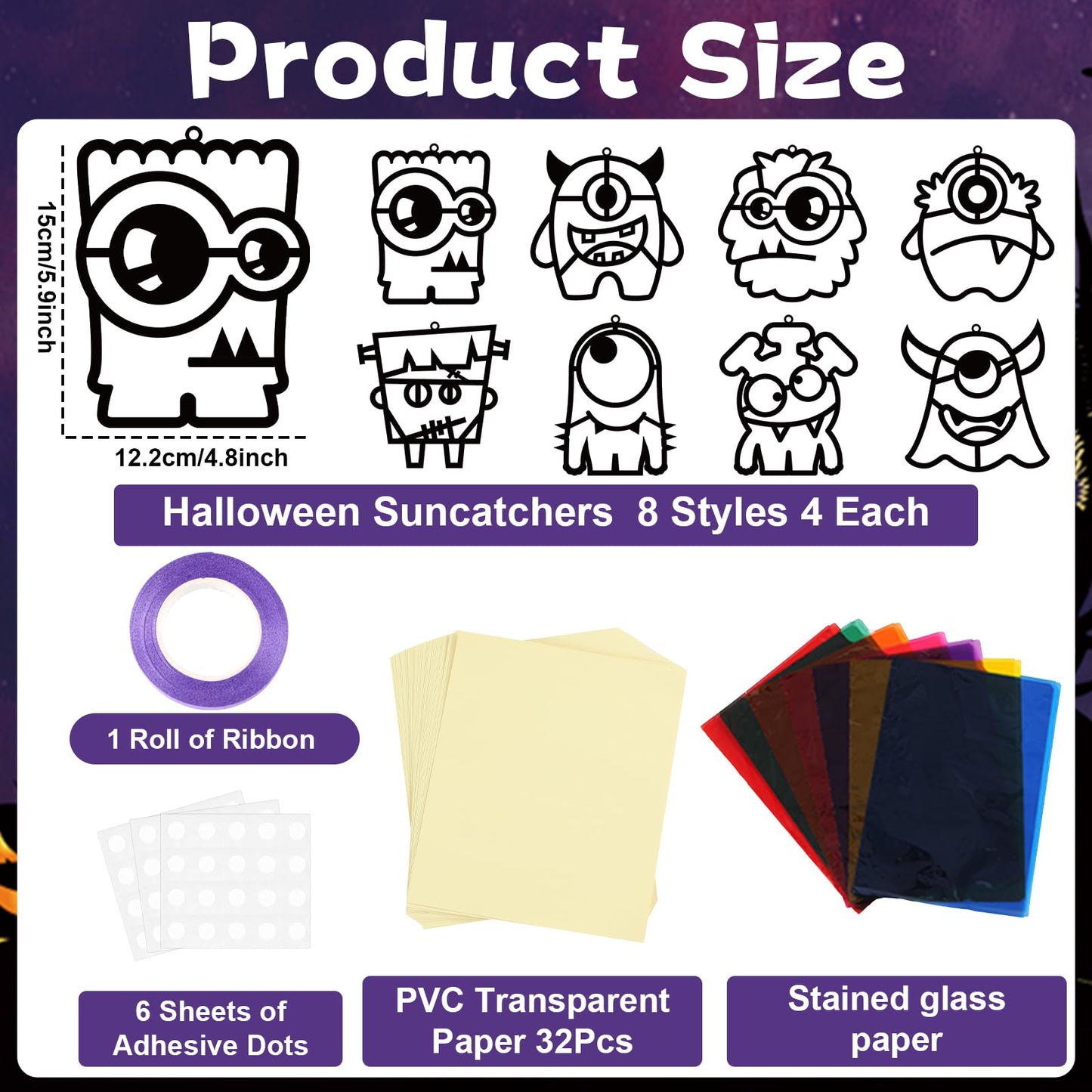 32 Sets Halloween Monster Suncatchers Craft Kit DIY Window Stained Glass Effect Halloween Monster Paper Crafts Home School Class