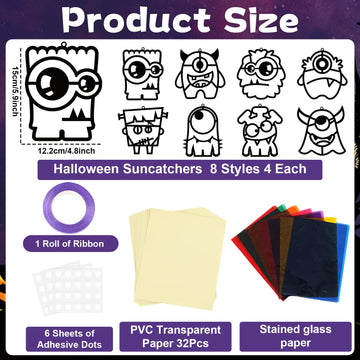 32 Sets Halloween Monster Suncatchers Craft Kit DIY Window Stained Glass Effect Halloween Monster Paper Crafts Home School Class