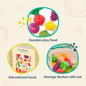 B. toys Foodie Fun Pretend Play Food Set – 32 Colorful Pieces & Educational Book for Toddlers – Storage Bucket Included – Ages 2+