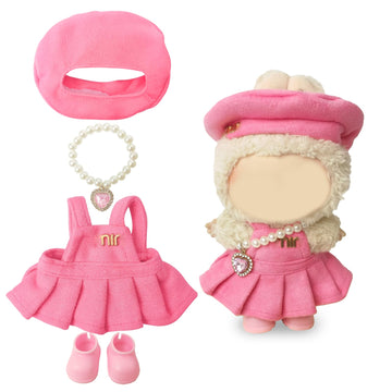 Clothes Compatible with LABUBU - Blue & White T Dress with Bow  Bracelet & Shoes | 4PCS Couture-Inspired Outfit for 8-Inch Dolls (Rosy Macaron)