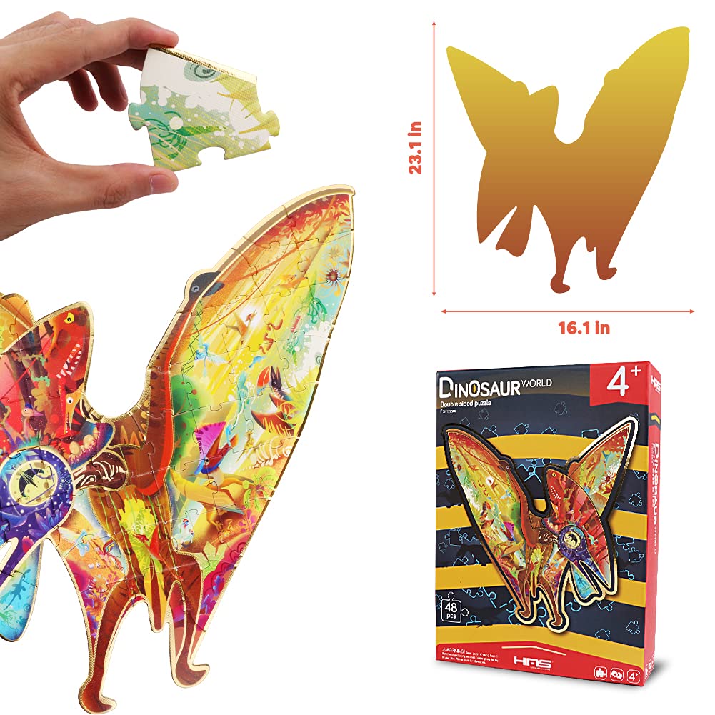 Has Kids Floor Puzzles For Ages 4-10, 48 Pcs Double-Sided Dinosaur Puzzles, Unique Large Pieces Irregular Shape Jigsaw Puzzle, Surprise Gift Toy For Children (Pterodactyl)