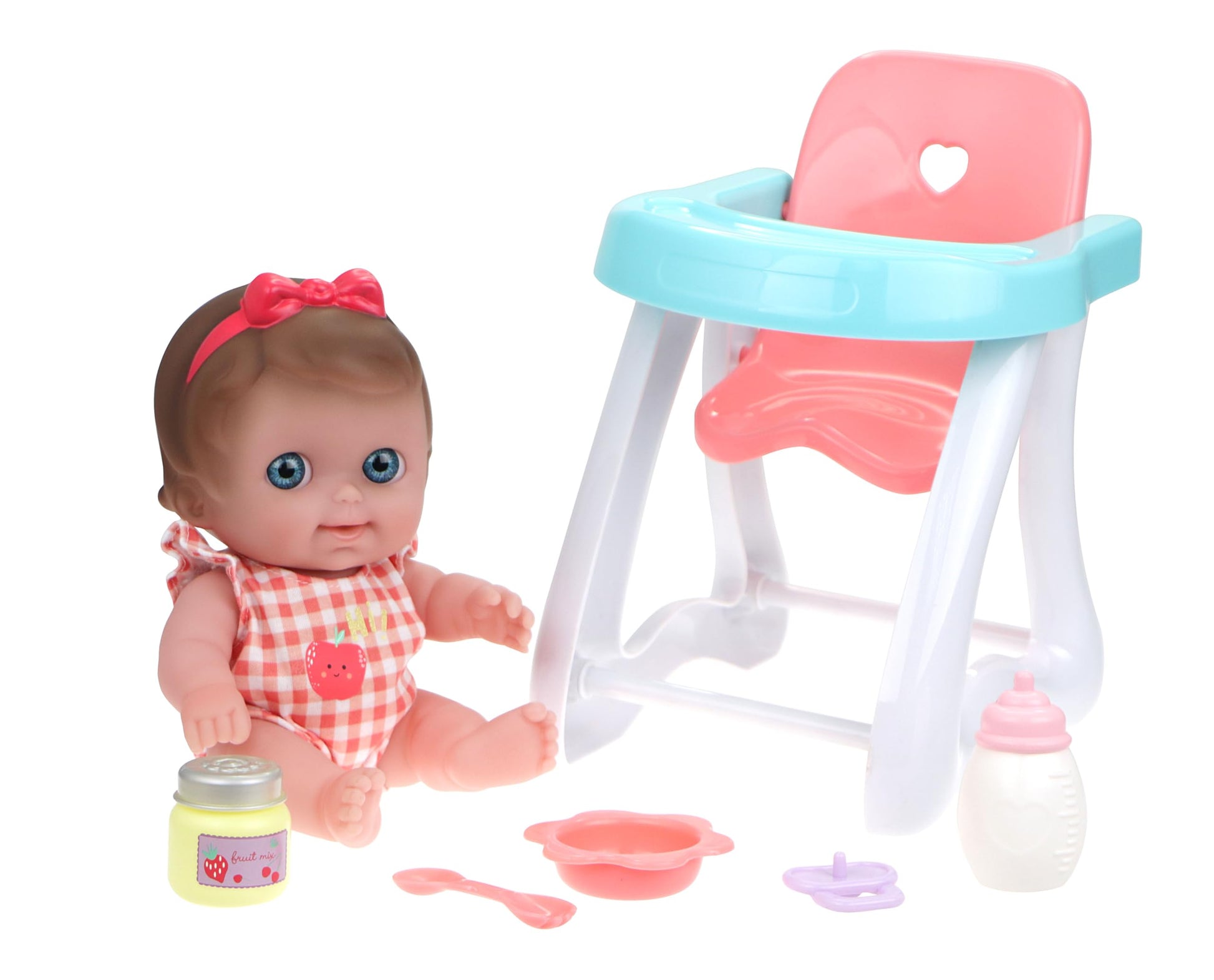 JC Toys Lil Cutesies 9 All Vinyl Baby Doll Feeding Time Gift Set| Posable and Washable | Removable Outfit | High Chair and Feeding Accessories Ages 2+