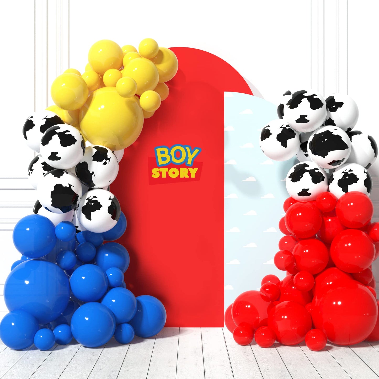 House Of Party Woody Balloon Arch - 110 Pcs Toy Inspired Story Balloons With Red, Yellow, Blue & Cow Print Balloons For Birthday