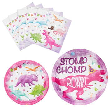 Wernnsai Pink Dinosaur Party Supplies - 48 Pcs Dinosaur Paper Plates Napkins Dino Dinner Plates And Napkins Girls Birthday Party Tableware For Kids Birthday Baby Shower Decorations Serves 16 Guests