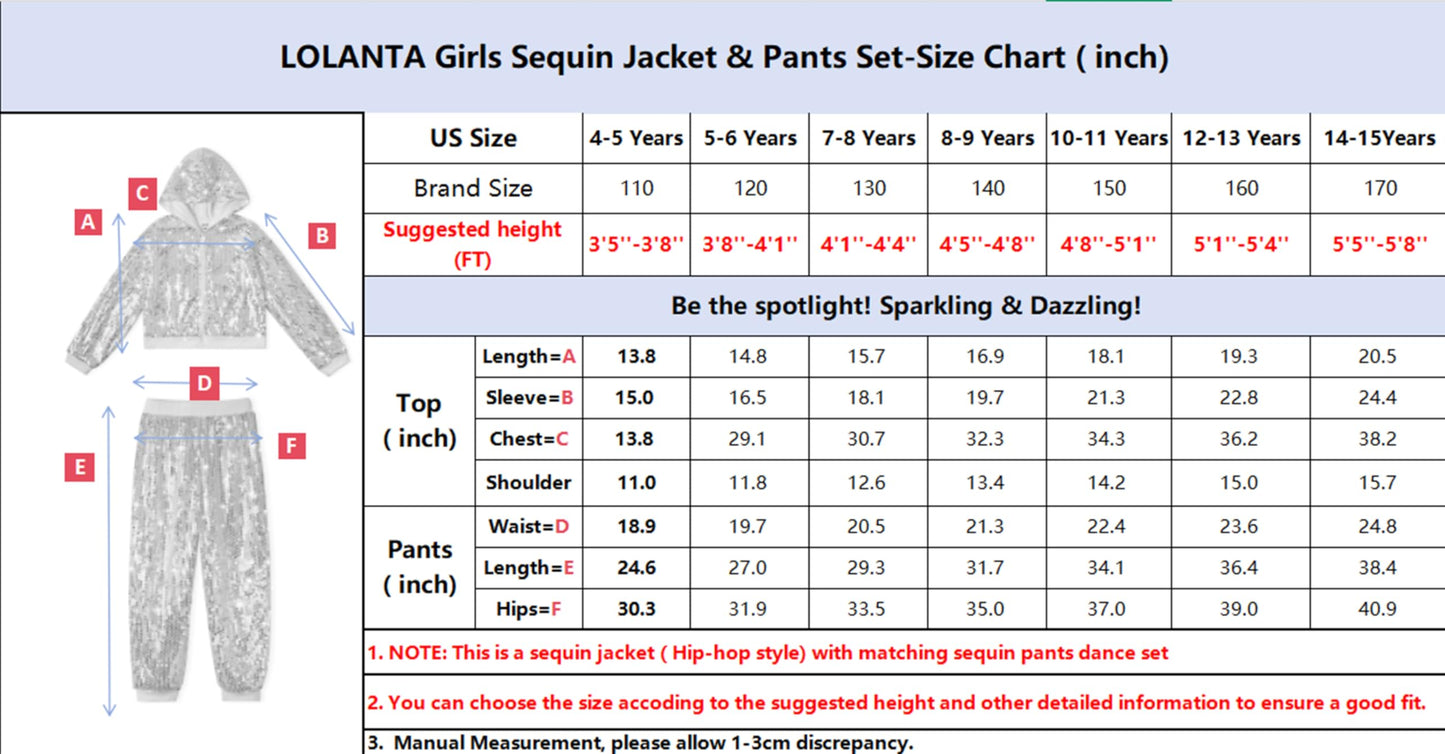 Lolanta Girls Silver Dance Costume Cropped Jacket Sequin Pants Set Girls Sequin Pants Set (Silver, 10-11 Years)