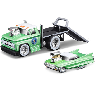Xiangtat 1/64 Scale Top Muscle Transports Series for 1966 Chevy C60 Flatbed Truck Green and 1961 Coupe Diecast Metal Model Car (