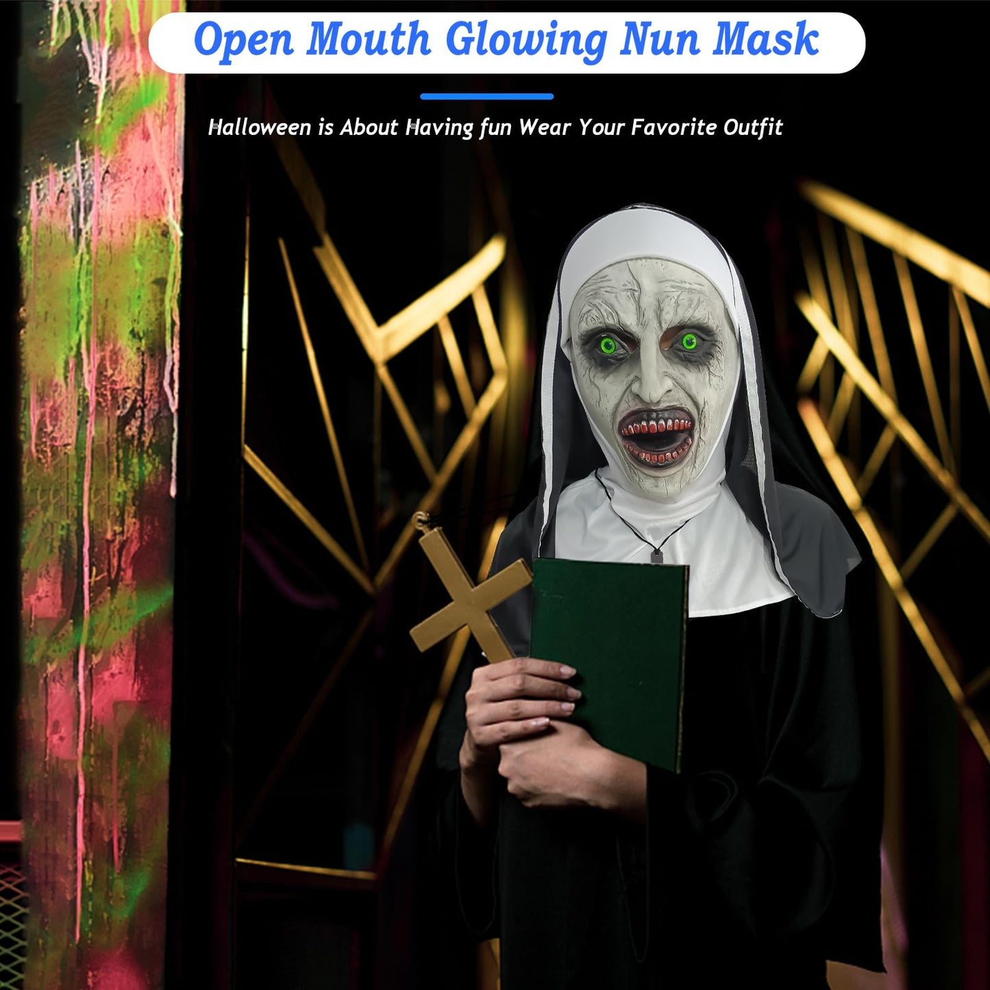 lewexiison 2024 Nun Scary Mask,Halloween Party Scary Full Head Costume Mask with cross necklace,Blood mouth