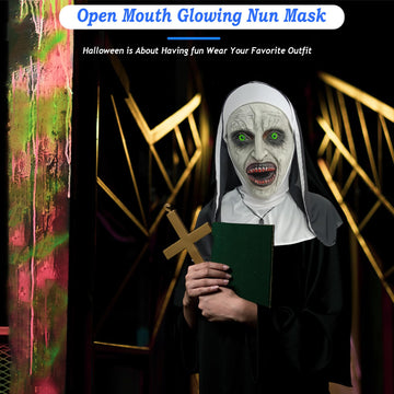 lewexiison 2024 Nun Scary Mask,Halloween Party Scary Full Head Costume Mask with cross necklace,Blood mouth