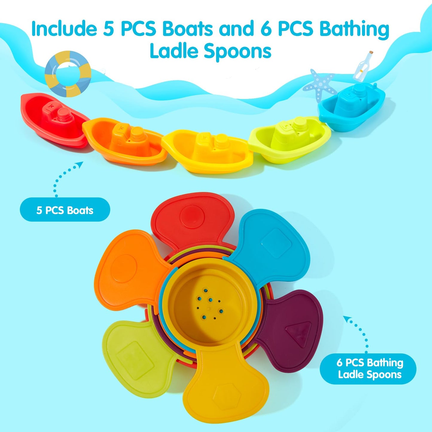 Amchsuri Baby Bath Toys For Kids Ages 1-3, 11 Pcs Mold Free Toddler Bath Toys For 2-4 Bathtub Water Table Pool Toys Stackable Boats And Spoons For Babies 6-12 Months Early Learning Educational Gift