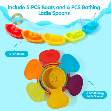 Amchsuri Baby Bath Toys For Kids Ages 1-3, 11 Pcs Mold Free Toddler Bath Toys For 2-4 Bathtub Water Table Pool Toys Stackable Boats And Spoons For Babies 6-12 Months Early Learning Educational Gift