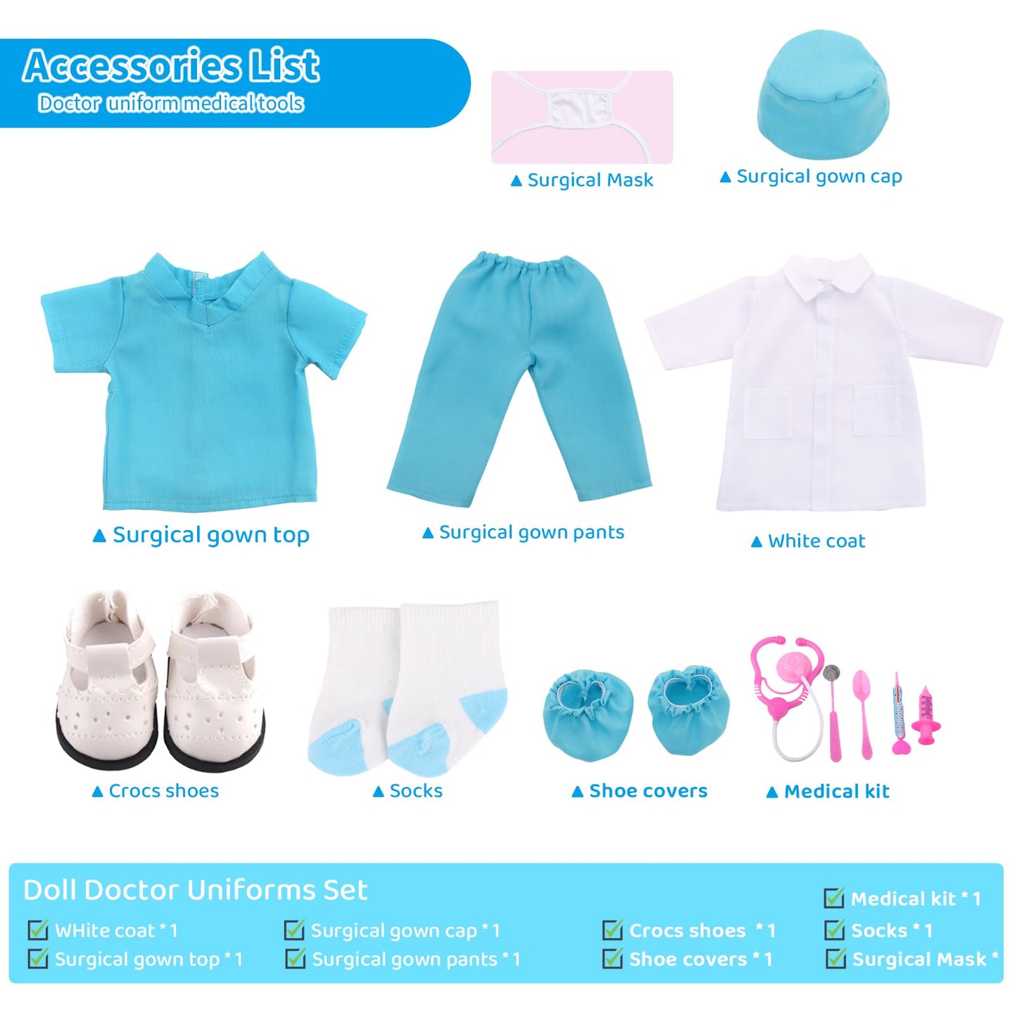 MSYO 18 Inch Doll Doctor Playset-Pretend Play Medical Kit with White Coat,Scrubs & Surgical Tools,Stem Roleplay Costume for Kids