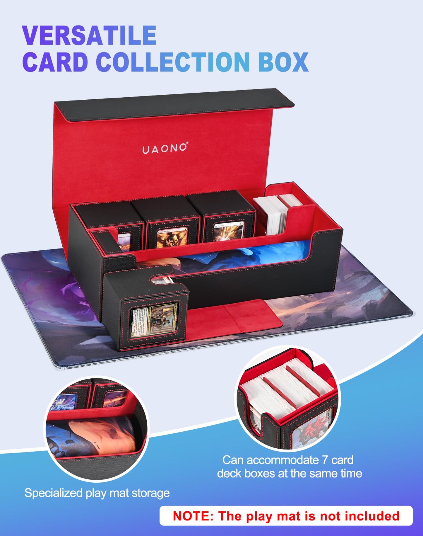 UAONO Card Storage Box for Trading Cards  5 in 1 Card Deck Case with 4 Pcs Small Commander Deck Box  Large Card Box for MTG/TCG/PTCG Magic Sports Cards Game Playmat (Black  Red)