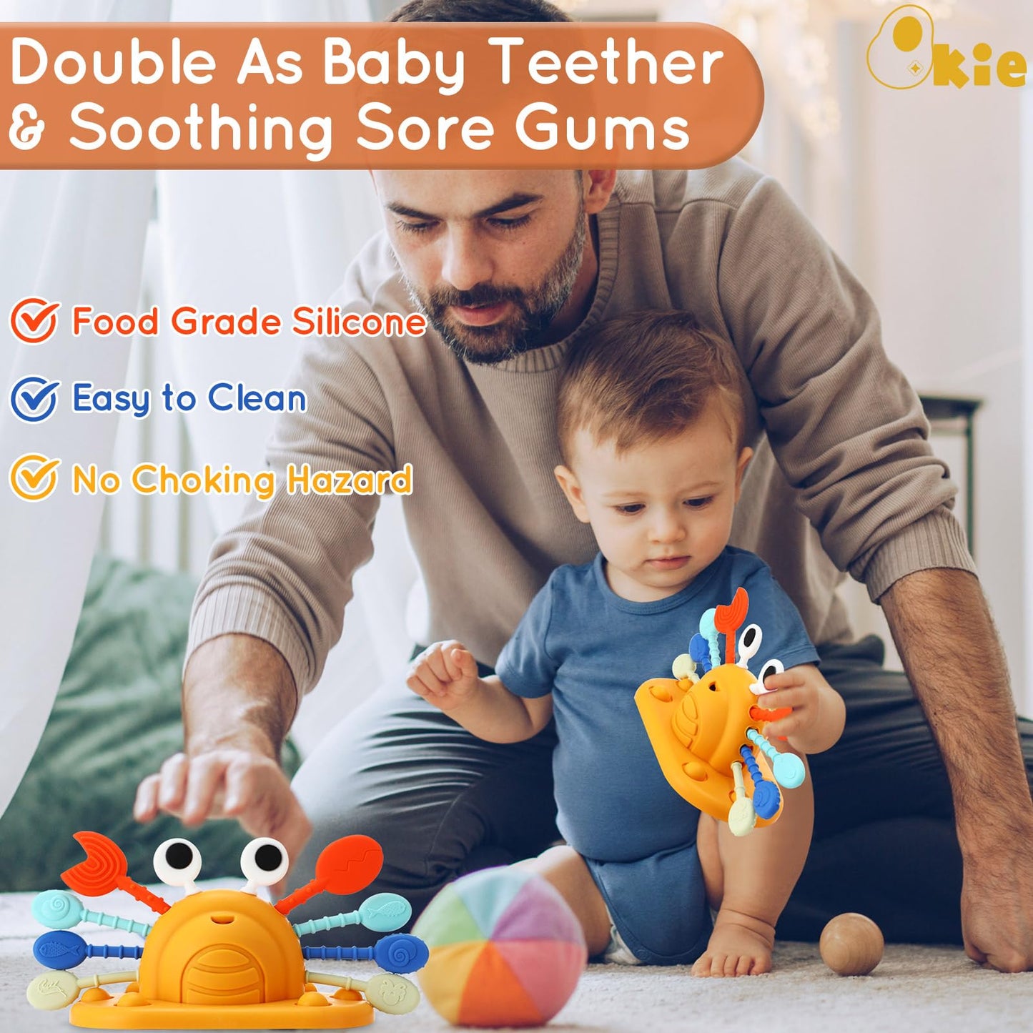 Qkie Montessori Toys for Babies 6-12 Months, Food Grade Silicone Baby Sensory Toys, Cutie Crab High Chair Toys, String Activity