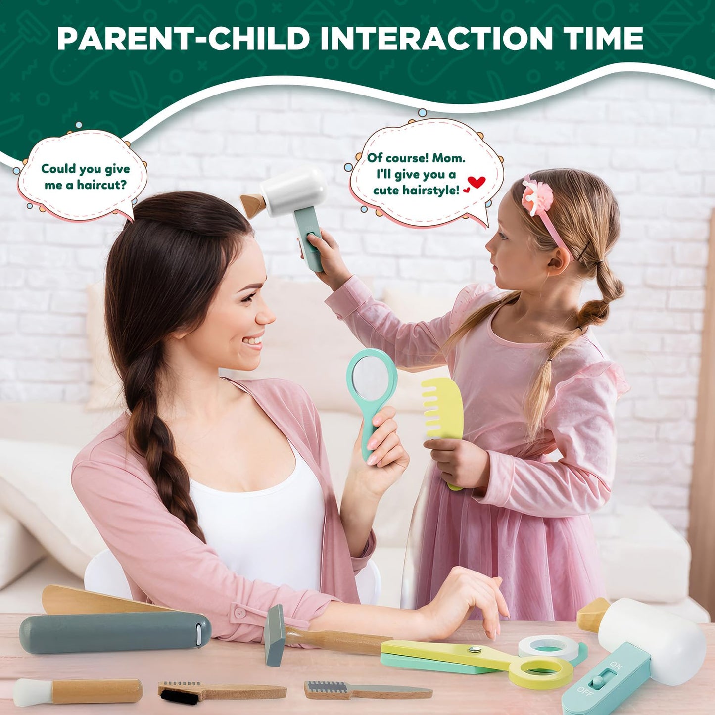 Hair Salon Playset for Kids, [2025] Pretend Play Hair Salon Wooden Toys with Hair Dryer, 2-in-1 Play Hair Styling & Role Play, 1