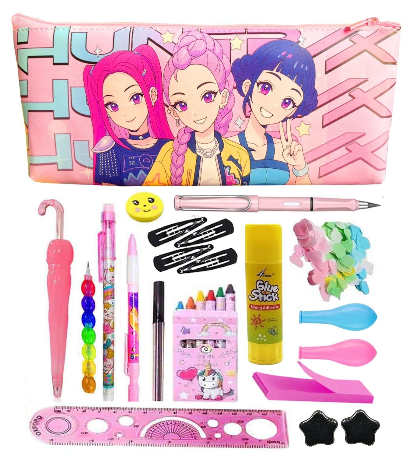 Choosenow Kpopp Deemonn Hunterr Girls Cartoon Stationery Gift Combo Set  Cute Pencil Pouch, Color Crayons, Pens, Glue Stick, Ru