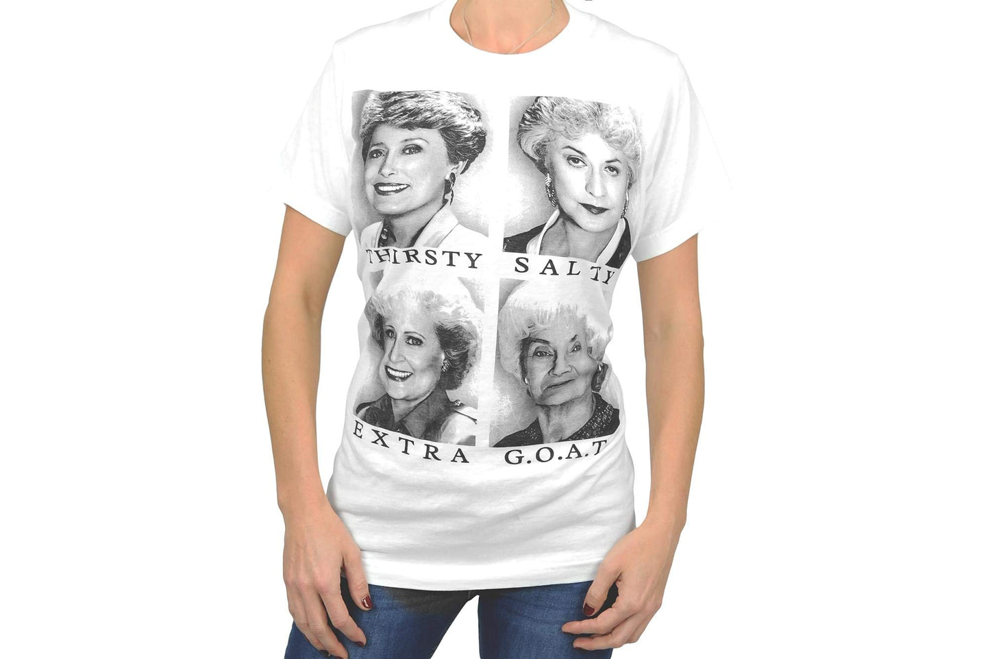 Official The Golden Girls Graphic White T-Shirt - Features Sophia, Rose, Blanche, Dorothy - Reads Thirsty, Salty, Extra, G.O.A.T