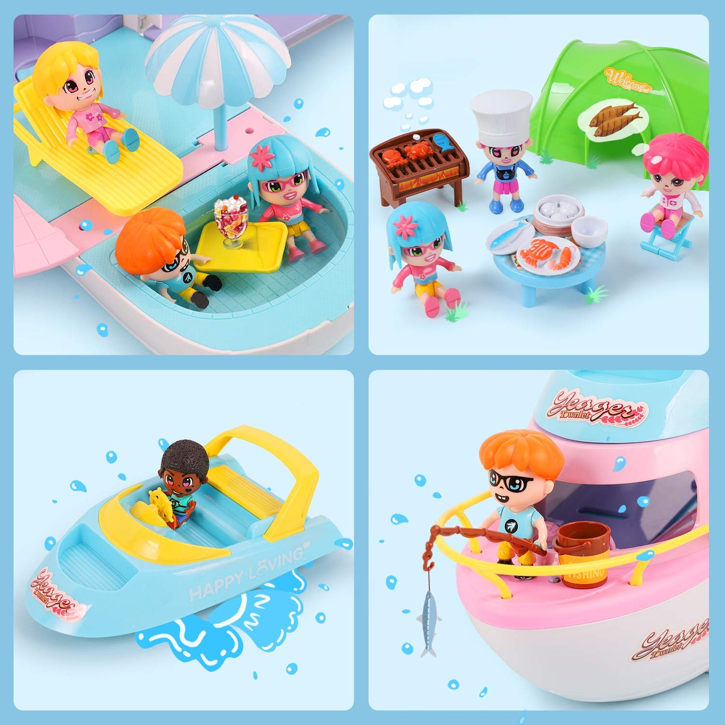 iPlay, iLearn Boat Dollhouse Playset for Girls 3-5, Kids Pretend Play Doll House Set W/ Cruise Ship, Dolls, Camping Accessories,