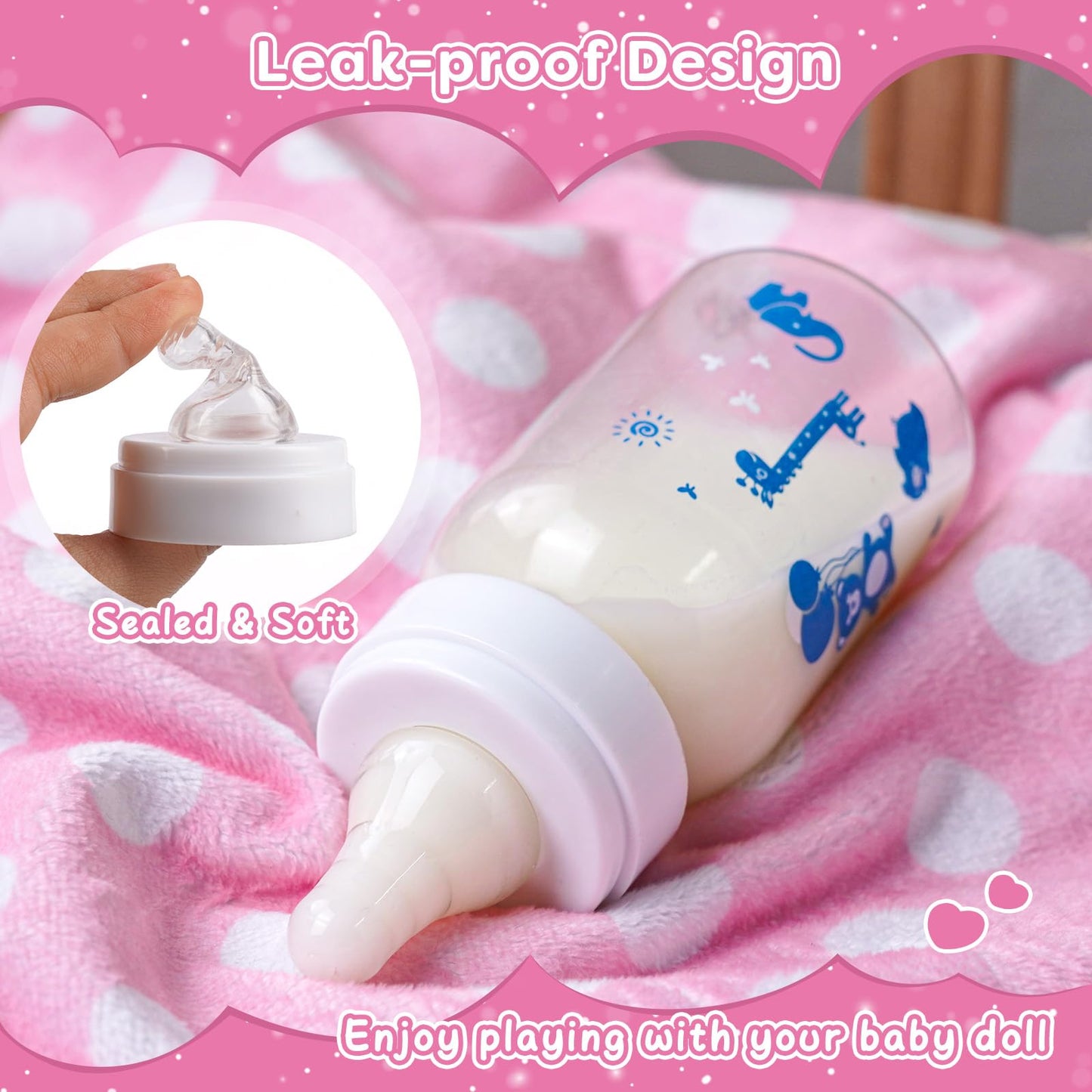 Jizhi 4 Pcs Baby Doll Bottles Set With Magnetic Pacifiers, Baby Doll Accessories For Reborn Baby Doll, Pretend Play Feeding Toy Kids Gift (Pink/Purple)