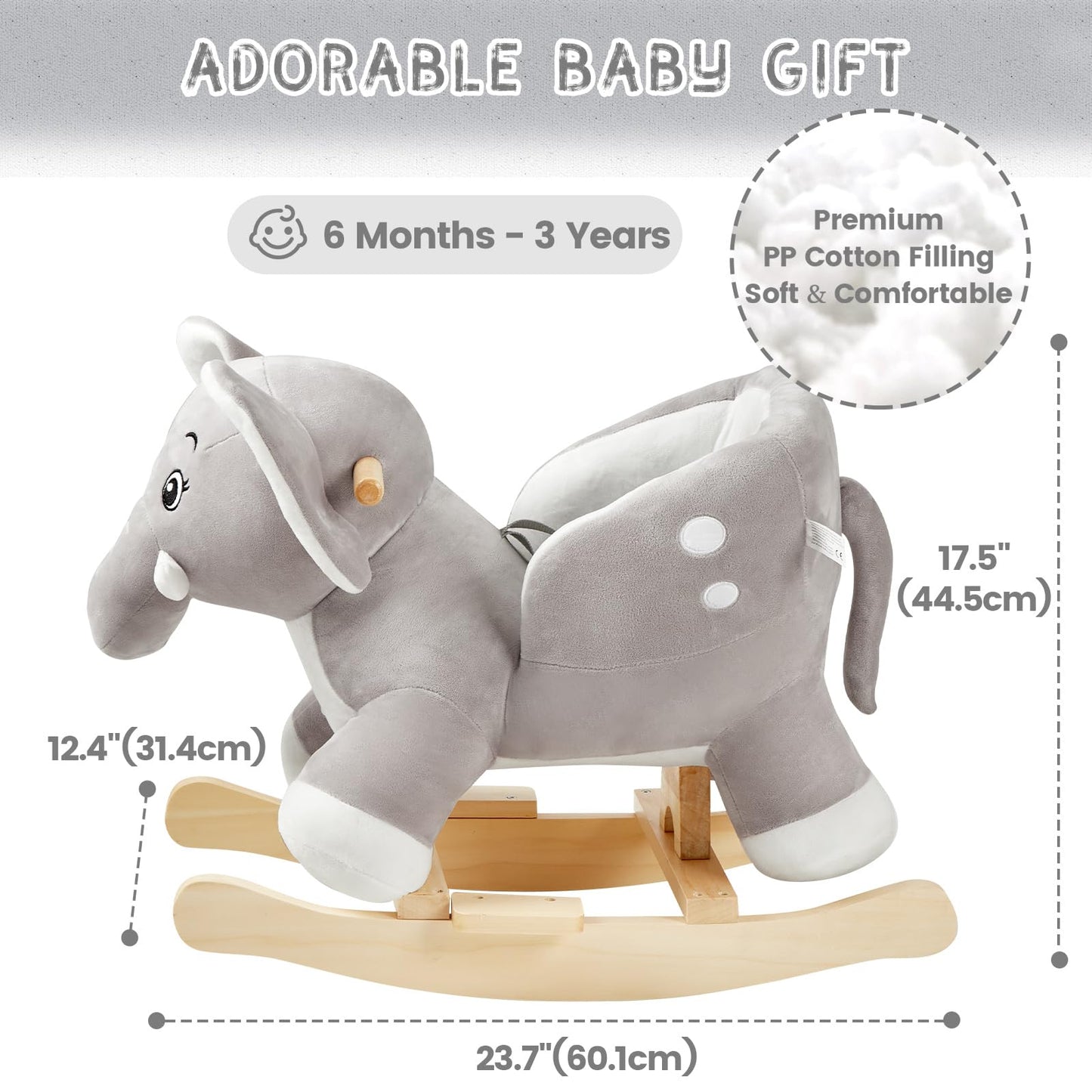 Funlio Elephant Baby Rocking Horse For Toddlers 6 Months To 3 Years, Cute & Graceful Grey Elephant Rocker For Baby Girl, Stuffed Plush Ride-On Rocking Animal, Easy To Assemble, Cpc & Ce Certified