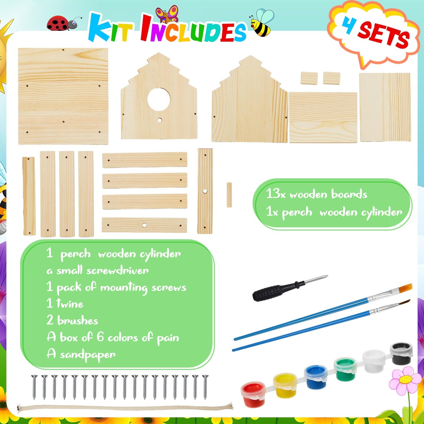 Juexica 4 Set DIY Birdhouse Kit Unfinished Bird House Painting Crafts for Kids with Paints and Paintbrushes Welcome Spring Gifts