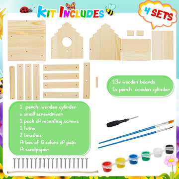 Juexica 4 Set DIY Birdhouse Kit Unfinished Bird House Painting Crafts for Kids with Paints and Paintbrushes Welcome Spring Gifts