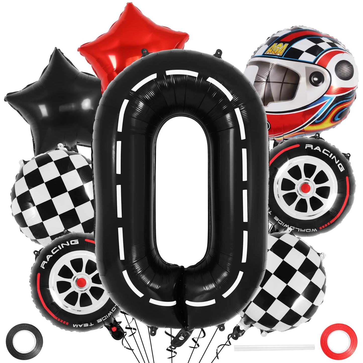 Race Car Birthday Balloons, Racetrack Number 0 Balloon, 40 Inch Large Foil Black 0 Balloon For Birthday Race Car Themed Party De