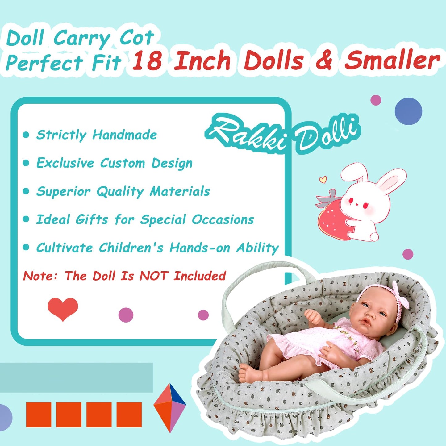 Rakki Dolli Doll Carry Cot Set, Sweet Dreams Soft Bassinet Doll Carrier Includes 1 Cot And 1 Pillow, Grayish Green Bear Doll Bassinet, Fits For 16 Inch American Girl Dolls