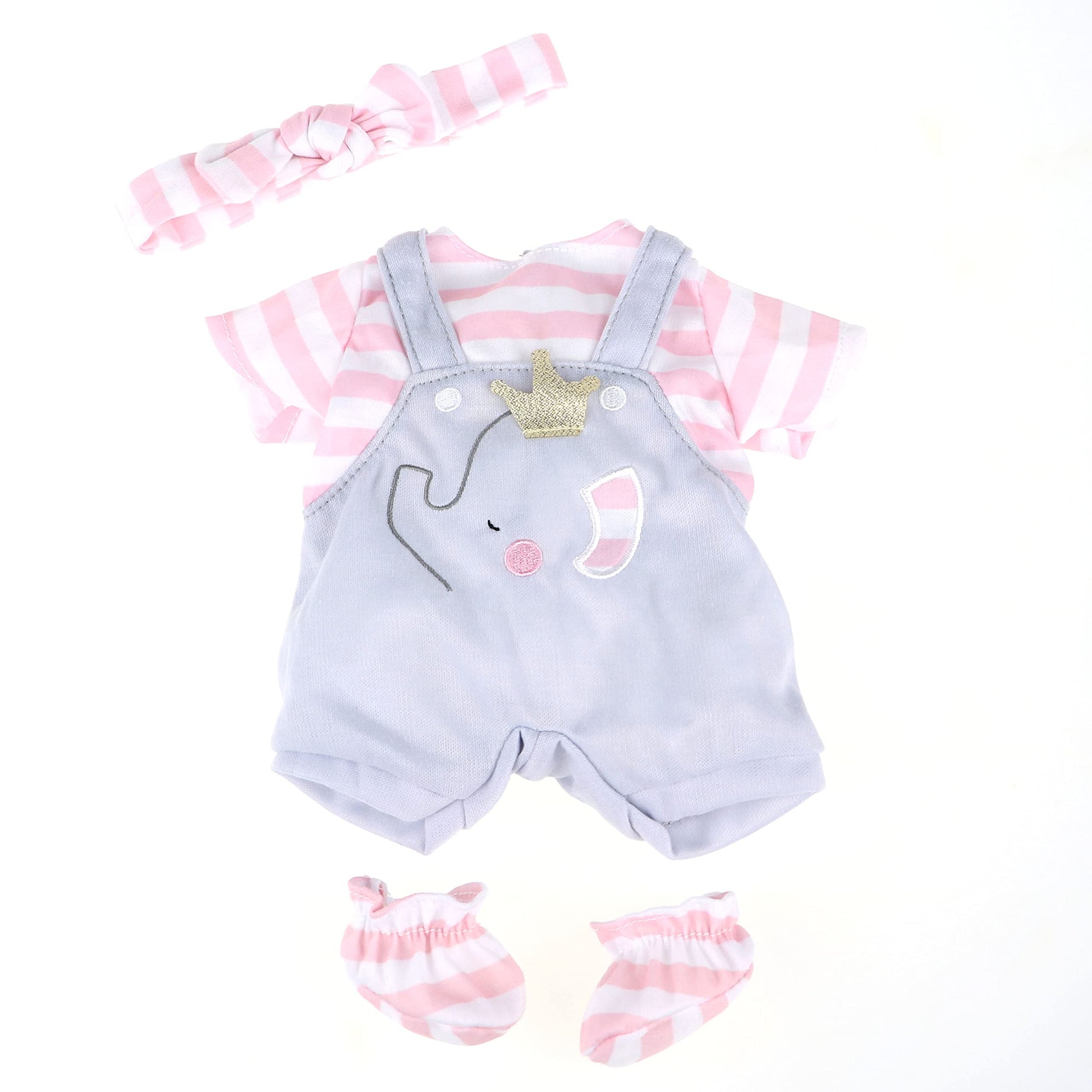 Jc Toys | Berenguer Boutique | Baby Doll Outfit | Gray Overall Shorts With Pink Stripes | Includes Headband And Booties | Ages 2+ | Fits Dolls 14'- 16'