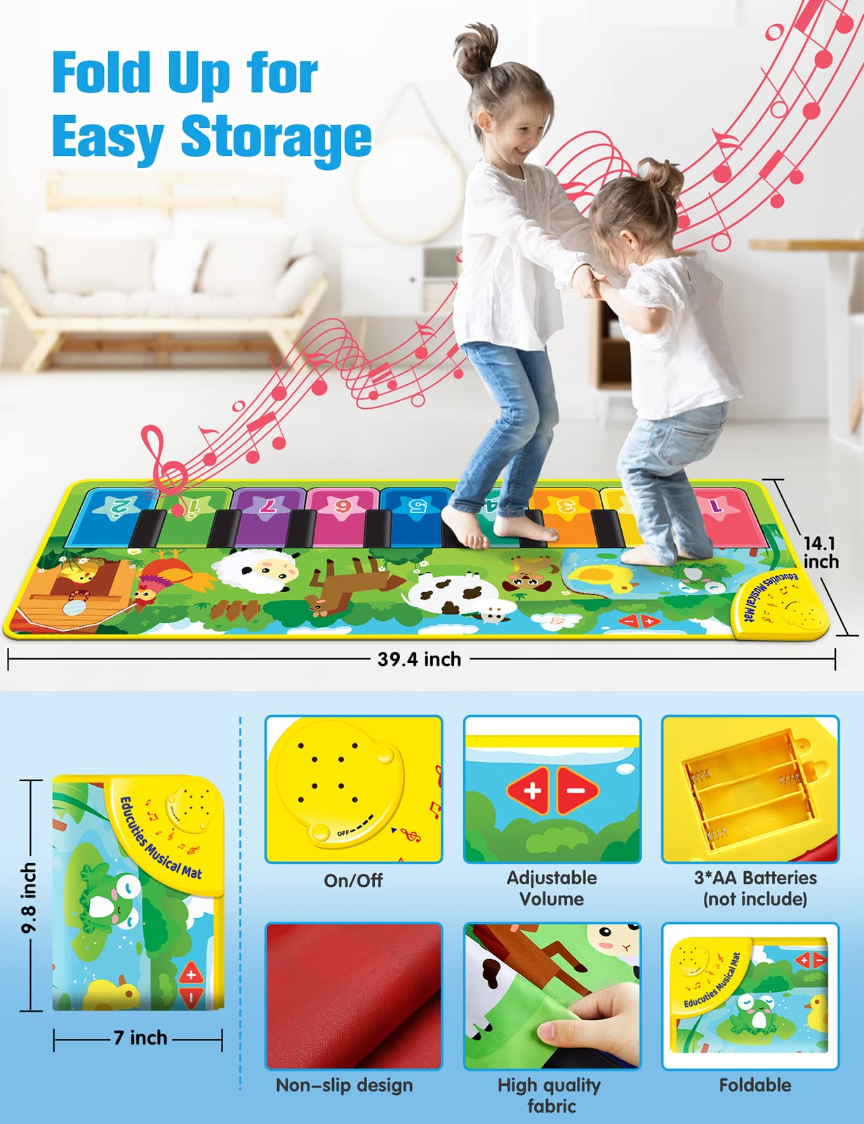 EduCuties Baby Musical Learning Toy - Floor Piano Playmat with Animal Flash Cards & Touch Keyboard, Model EC-MusicalMat-02